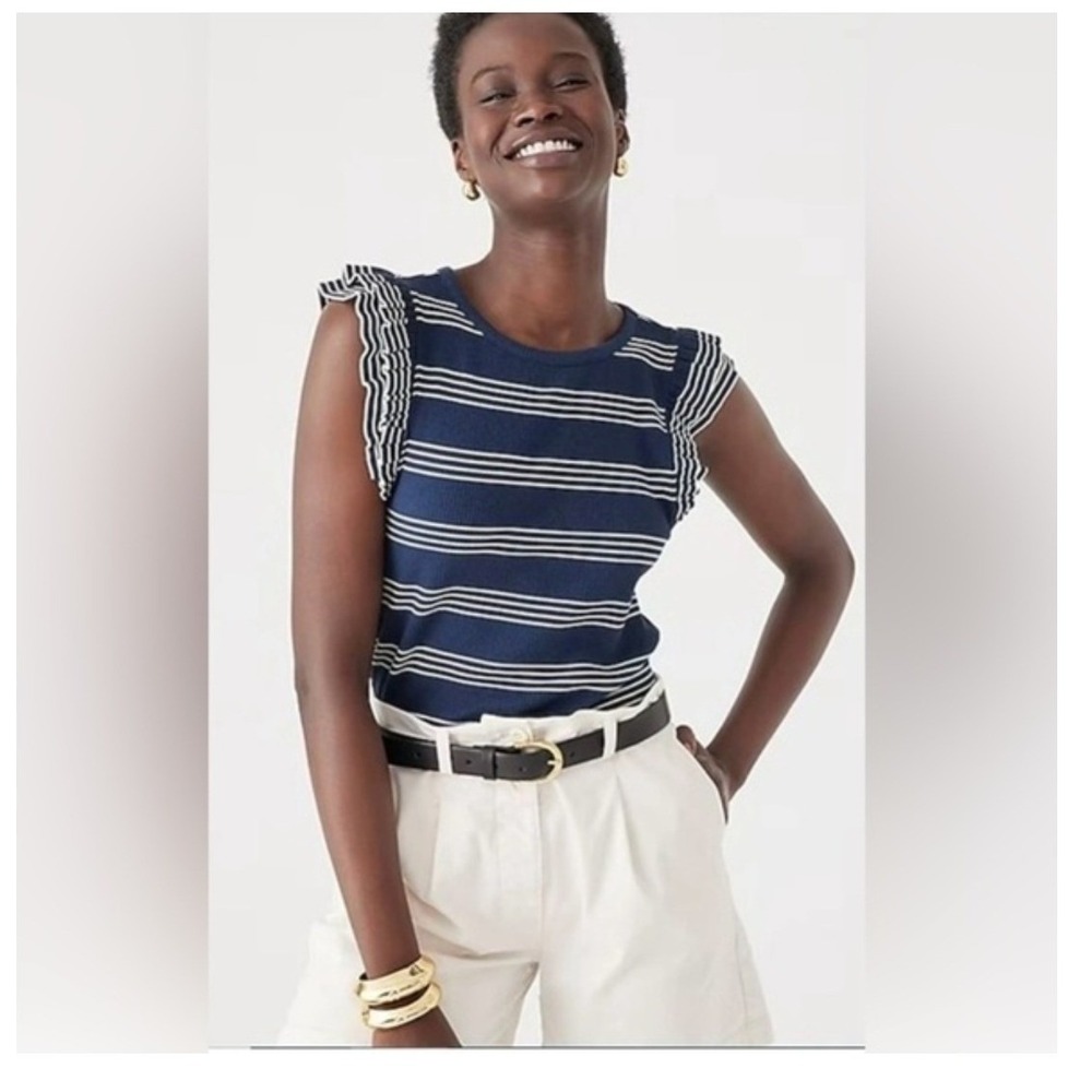 J. Crew Women's Vintage Rib Ruffle Sleeve Shirt Stripe Navy White- XS